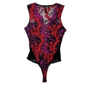 Guess Black Embroidered Mesh Sleeveless V-Neck Thong Bodysuit Top  XS  Lace-Up